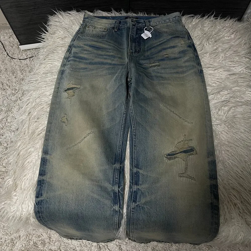 Vintage Faded Wash Distressed Ripped Wide-leg Baggy Denim Jeans Pants Blue sz 31 - Picture 6 of 16